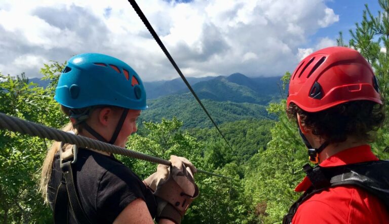 Campers on mountain zipline