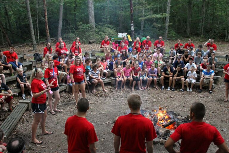 Campers sitting around camp fire