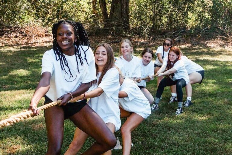 Teen girls tug of war