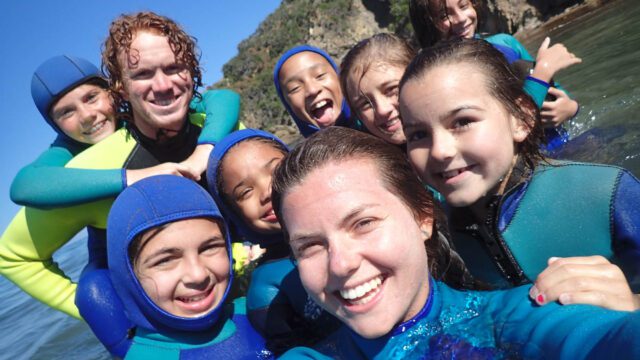Group of campers in wetsuits