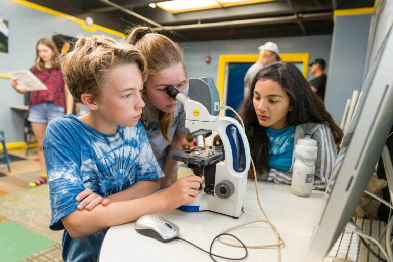 Campers using microscope