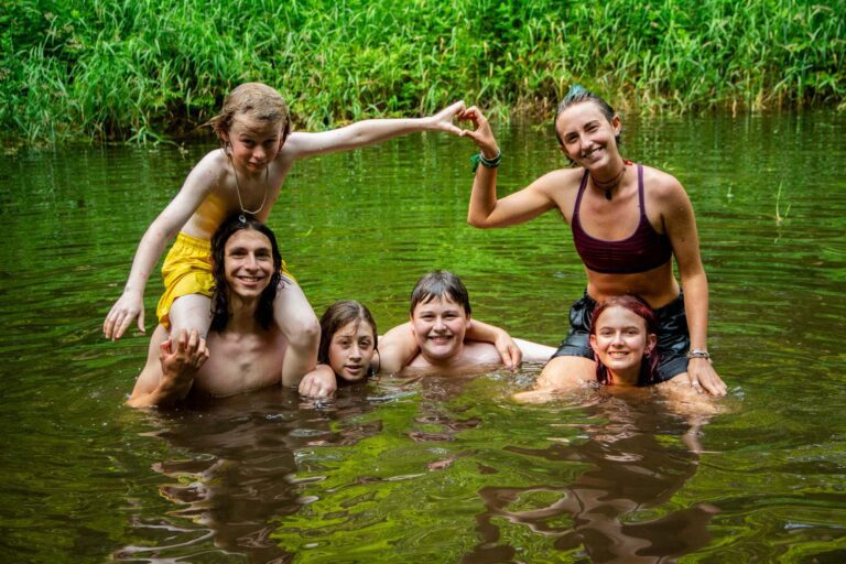 Campers in pond