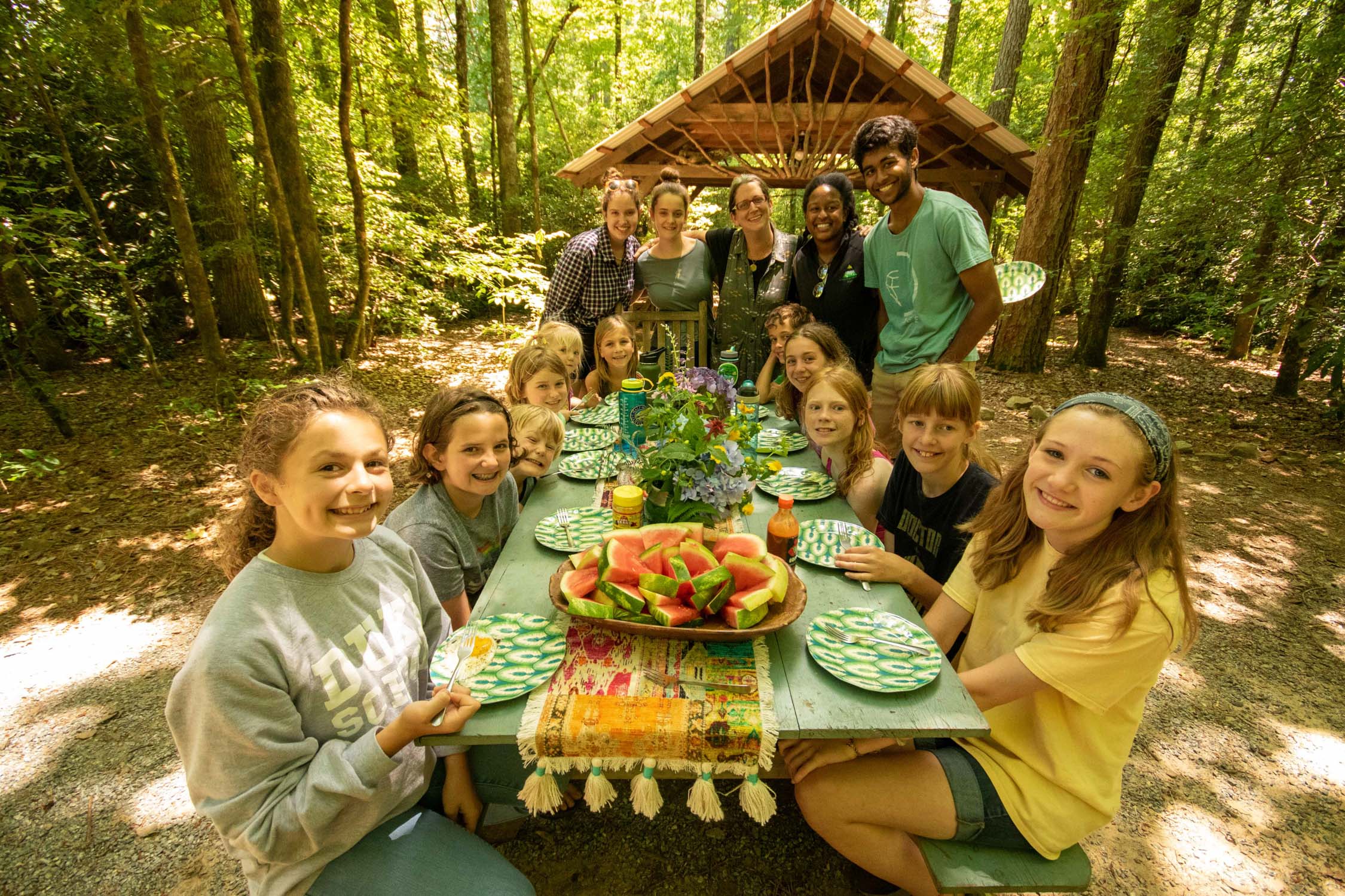 Campers eating a farm-to-table meal outdoors