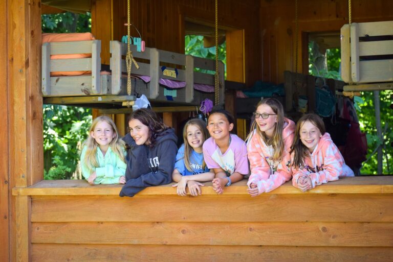 Girls in open air cabin