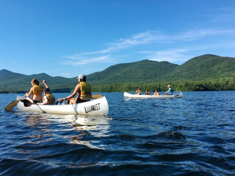Group canoeing on lake