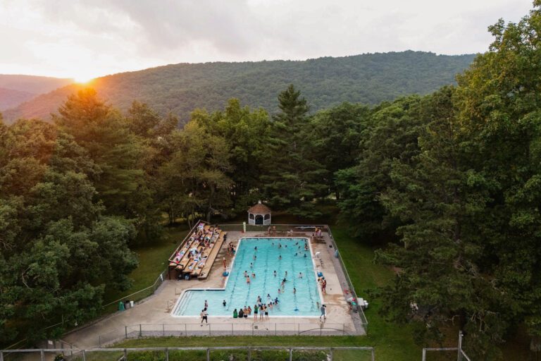 Aerial of pool surrounded by forest