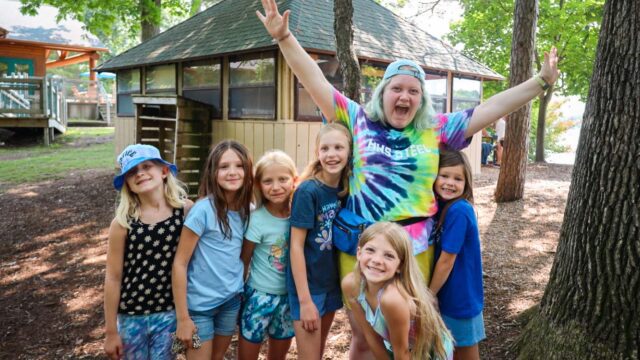 Campers outside their cabin